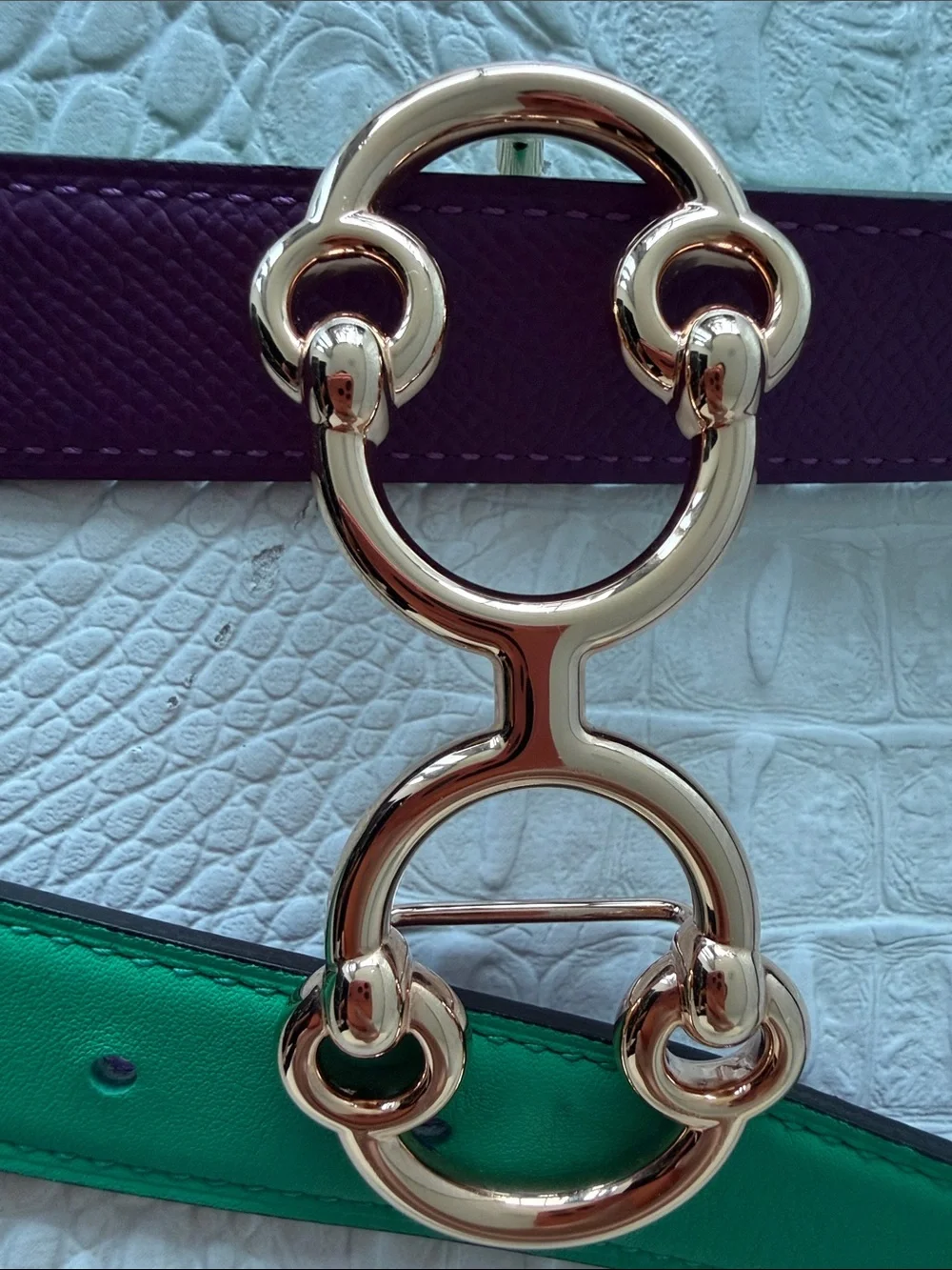 Hermes Reversible belt green/purple with rose gold buckle Size 75, pristine.